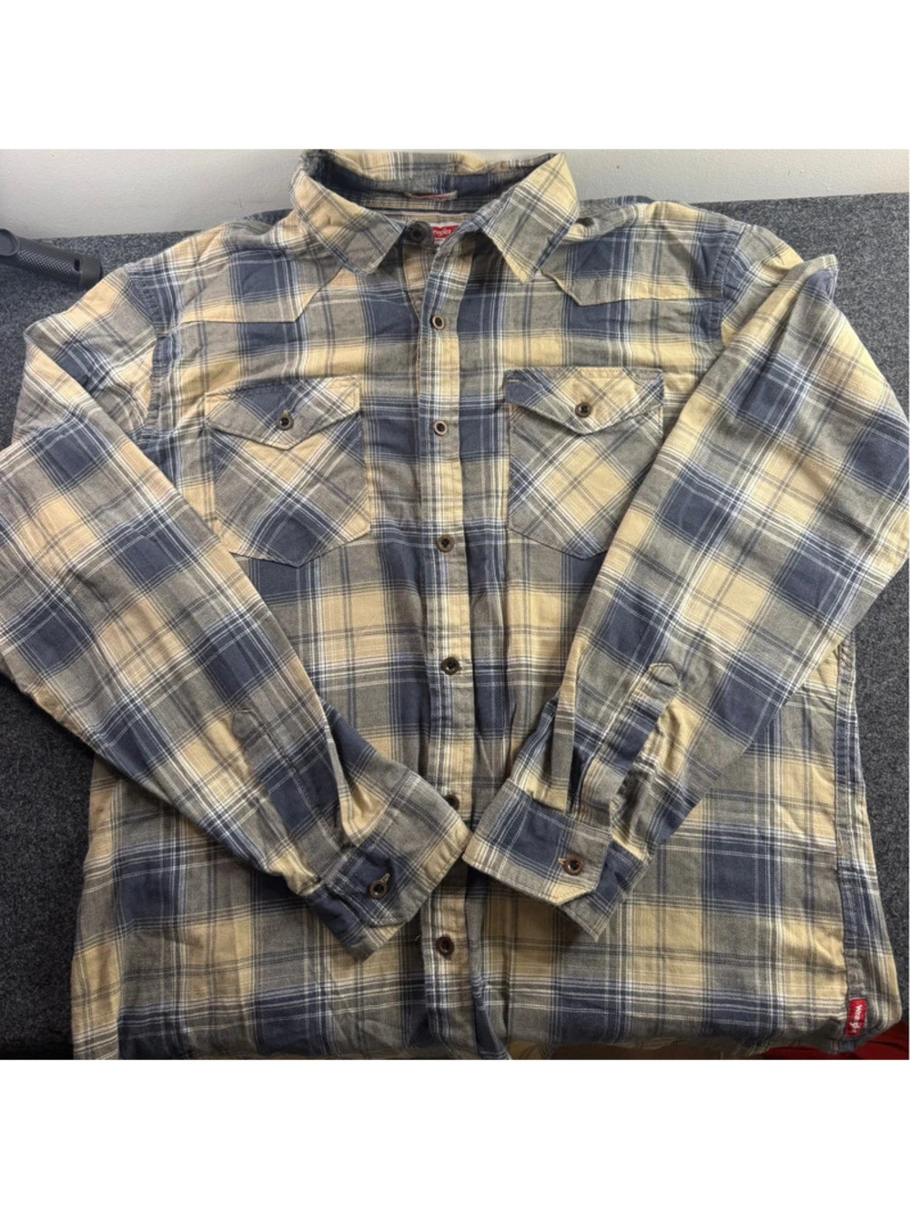 Wrangler Flex for Comfort Men’s Plaid Flannel Shirt XL Blue Tan Western